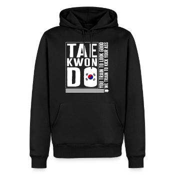 Taekwondo Shirt, We Train Too Kick Your Ass Korea - Männer Premium Bio Hoodie - Schwarz - Vorne - Nico (187cm)