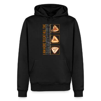 Purim Shirt, I Am Here To Eat All The - Men’s Premium Organic Hoodie - black - Front - Nico (187cm)