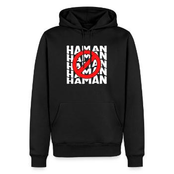 Purim Shirt, Anti-Haman Costume Tee, Funny Haman - Men’s Premium Organic Hoodie - black - Front - Nico (187cm)