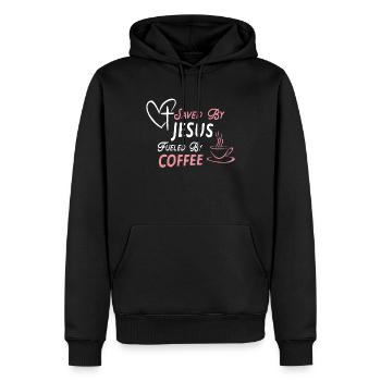 Saved by Jesus Awakened by Coffee - Men’s Premium Organic Hoodie - black - Front - Nico (187cm)