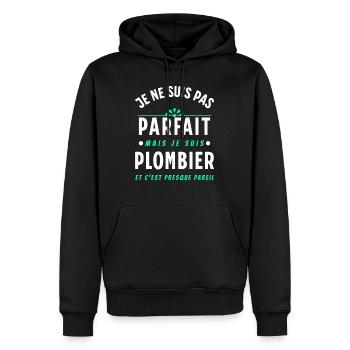Plombier Cadeau Humour Citation Rigolo Dicton - Sweat à capuche Premium bio Homme - noir - Devant - Nico (187cm)