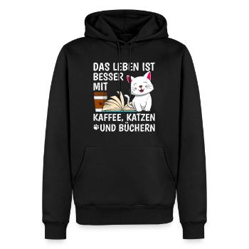 Life is better with Coffee Cats and Books - Männer Premium Bio Hoodie - Schwarz - Vorne - Nico (187cm)