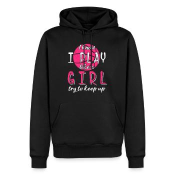 Ich weiß, dass ich wie ein Mädchen spiele und versuche, mit dem Basketball Schritt zu halten - Männer Premium Bio Hoodie - Schwarz - Vorne - Nico (187cm)