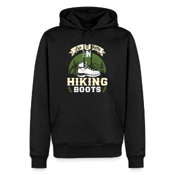 Life is better in Boots Hiking Bergfan Wandern - Männer Premium Bio Hoodie - Schwarz - Vorne - Nico (187cm)