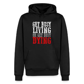 Fantastisch, inspirierend, mutig "BESCHÄFTIGE DICH MIT DEM LEBEN ODER HOL DIR DEN BUS - Männer Premium Bio Hoodie - Schwarz - Vorne - Nico (187cm)