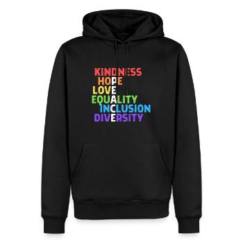 Freundlichkeit, Frieden, Gleichheit, Inklusion, Vielfalt, Menschlichkeit - Männer Premium Bio Hoodie - Schwarz - Vorne - Nico (187cm)