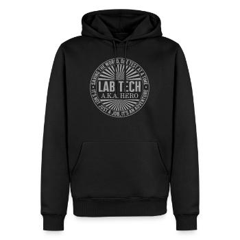 Science Shirt, Lab Tech AKA Hero Saving The World - Men’s Premium Organic Hoodie - black - Front - Nico (187cm)
