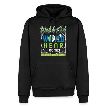 Hemd zur Sensibilisierung für Hörverlust, Watch Out World - Männer Premium Bio Hoodie - Schwarz - Vorne - Nico (187cm)