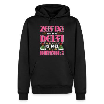 Trachten Shirt Frauen Wo zum Deifi is mein Dirndl - Männer Premium Bio Hoodie - Schwarz - Vorne - Nico (187cm)