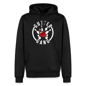 Bowling Shirt, Gutter Gang Bowling Pins Pocket - Men’s Premium Organic Hoodie - black - Front - Nico (187cm)