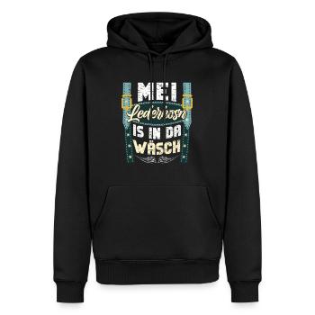 Mei Lederhosn is in da Wäsch Shirt - Männer Premium Bio Hoodie - Schwarz - Vorne - Nico (187cm)