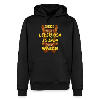 Mei Lederhosn is in da Wäsch Trachtenshirt - Männer Premium Bio Hoodie - Schwarz - Vorne - Nico (187cm)