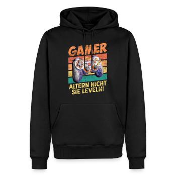 Gamer Altern nicht, Sie Leveln! Retro Gamer - Männer Premium Bio Hoodie - Schwarz - Vorne - Nico (187cm)