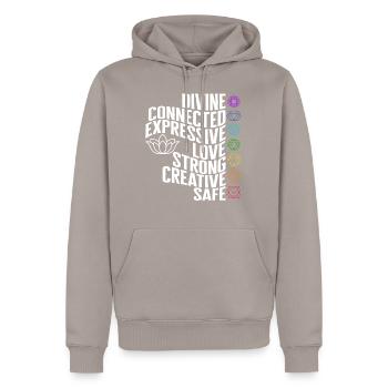 Meditation Shirt, Divine Connected Expressive - Men’s Premium Organic Hoodie - taupe - Front - Nico (187cm)