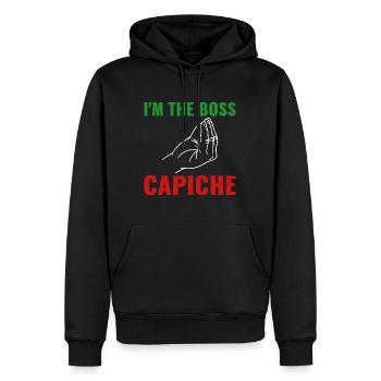 Je suis le manager Capiche ? Italie Culture - Sweat à capuche Premium bio Homme - noir - Devant - Nico (187cm)