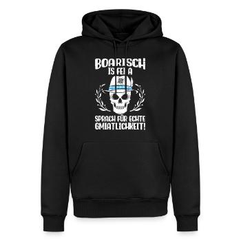 Boarisch is fei a Sprach für Gmiatlichkeit - Männer Premium Bio Hoodie - Schwarz - Vorne - Nico (187cm)