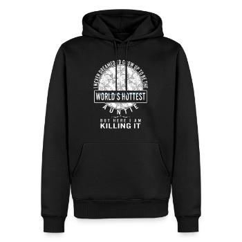 Aunt Shirt, World's Hottest Auntie Funny Tee, - Men’s Premium Organic Hoodie - black - Front - Nico (187cm)