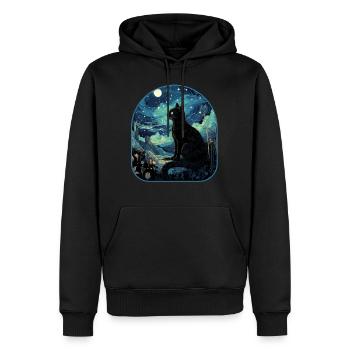 Cosmic Gaze Cat Stargazing from a Mushroom - Men’s Premium Organic Hoodie - black - Front - Nico (187cm)