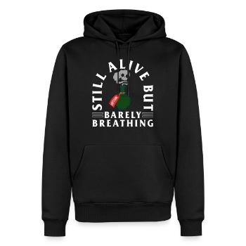 Halloween Shirt, Still Alive But Barely Breathing - Men’s Premium Organic Hoodie - black - Front - Nico (187cm)