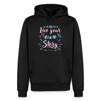 Inspiration Zitat „Lebe Deine Eigene Geschichte“ - Männer Premium Bio Hoodie - Schwarz - Vorne - Nico (187cm)