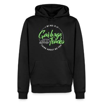 Earth Shirt, I Wonder If Garbage Trucks Think - Men’s Premium Organic Hoodie - black - Front - Nico (187cm)