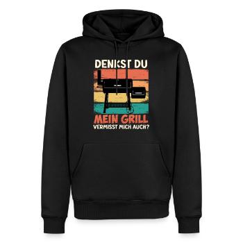 Fleischliebhaber DENKST DU MEIN GRILL VERMISST - Männer Premium Bio Hoodie - Schwarz - Vorne - Nico (187cm)