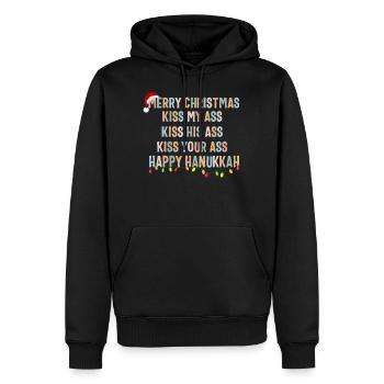 Hanukkah Shirt, Merry Christmas Kiss My Ass Happy - Men’s Premium Organic Hoodie - black - Front - Nico (187cm)