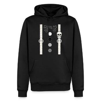 Halloween Shirt, Suspender Skeleton Skull Bones - Men’s Premium Organic Hoodie - black - Front - Nico (187cm)