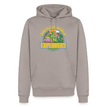 Paleontology Shirt, Dinosaur World Explorers Tee, - Men’s Premium Organic Hoodie - taupe - Front - Nico (187cm)