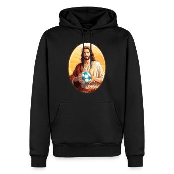 Jesus Kuscheln Fußball T-Shirt, christlicher Sport - Männer Premium Bio Hoodie - Schwarz - Vorne - Nico (187cm)
