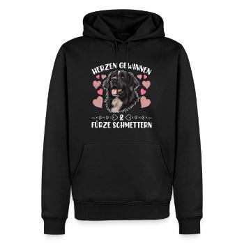Neufundländer HERZEN GEWINNEN FÜRZE SCHMETTERN - Männer Premium Bio Hoodie - Schwarz - Vorne - Nico (187cm)
