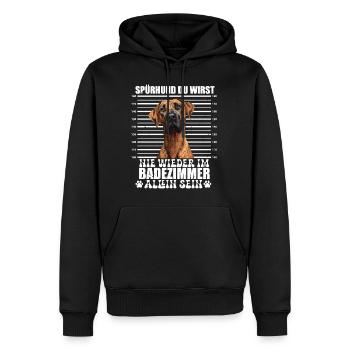 Ridgeback SPÜRHUND NIE WIEDER ALLEIN IM BADEZIMMER - Männer Premium Bio Hoodie - Schwarz - Vorne - Nico (187cm)
