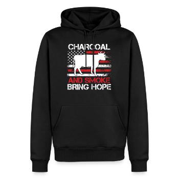Grill Master LE CHARBON DE BOIS ET LA FUMÉE APPORTENT DE L’ESPOIR - Sweat à capuche Premium bio Homme - noir - Devant - Nico (187cm)