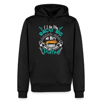 Fleischliebhaber I LIKE MY RACKS BIG PULLED PORK - Männer Premium Bio Hoodie - Schwarz - Vorne - Nico (187cm)
