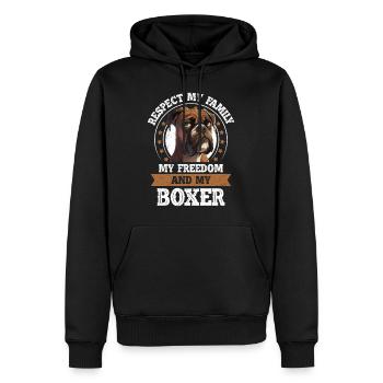 Boxer Besitzer RESPECT MY FAMILY MY FREEDOM MY - Männer Premium Bio Hoodie - Schwarz - Vorne - Nico (187cm)