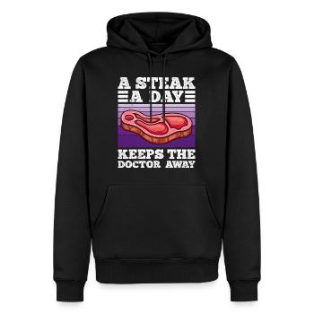 Drôle de carnivore Un steak par jour éloigne Doc - Sweat à capuche Premium bio Homme - noir - Devant - Nico (187cm)