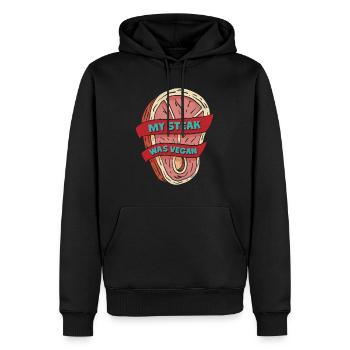 Fleischliebhaber MY STEAK WAS VEGAN Lustiges - Männer Premium Bio Hoodie - Schwarz - Vorne - Nico (187cm)