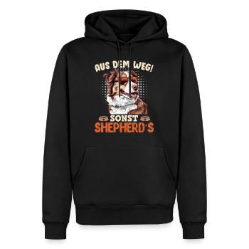 Aussie AUS DEM WEG SONST SHEPHERDS Australian - Männer Premium Bio Hoodie - Schwarz - Vorne - Nico (187cm)