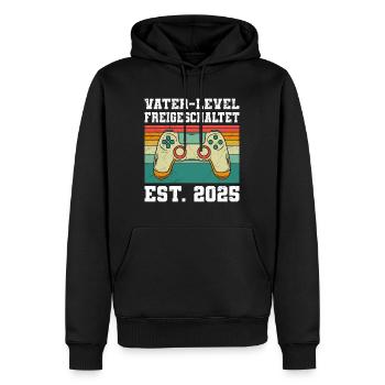 VATER LEVEL FREIGESCHALTET EST. 2025 Werdender - Männer Premium Bio Hoodie - Schwarz - Vorne - Nico (187cm)