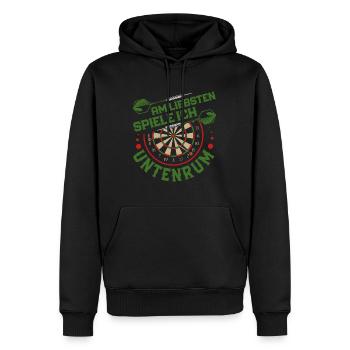 Dart Spieler AM LIEBSTEN SPIELE ICH UNTENRUM - Männer Premium Bio Hoodie - Schwarz - Vorne - Nico (187cm)