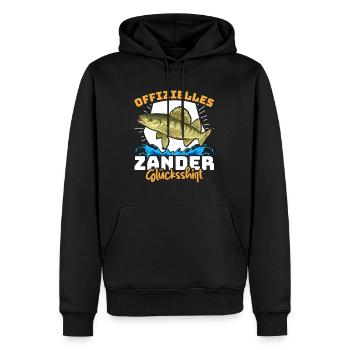 Zander Angeln OFFIZIELLES ZANDER GLÜCKSSHIRT - Männer Premium Bio Hoodie - Schwarz - Vorne - Nico (187cm)