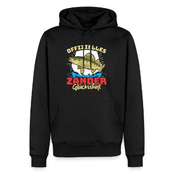 Zander Angeln OFFIZIELLES ZANDER GLÜCKSSHIRT - Männer Premium Bio Hoodie - Schwarz - Vorne - Nico (187cm)
