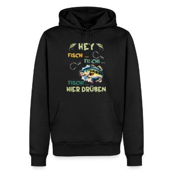 Angler HEY FISCHI FISCHI FISCHI HIER DRÜBEN - Männer Premium Bio Hoodie - Schwarz - Vorne - Nico (187cm)