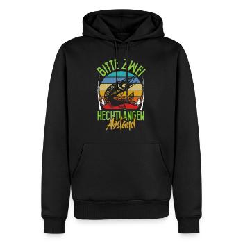 Angler Outfit BITTE ZWEI HECHTLÄNGEN ABSTAND - Männer Premium Bio Hoodie - Schwarz - Vorne - Nico (187cm)