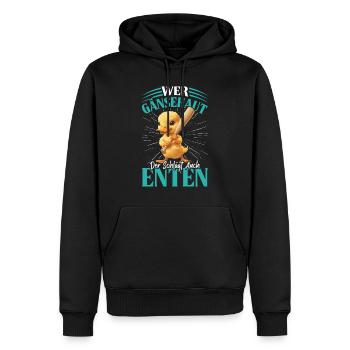Faschingskostüm WER GÄNSEHAUT DER SCHLÄGT ENTEN - Männer Premium Bio Hoodie - Schwarz - Vorne - Nico (187cm)