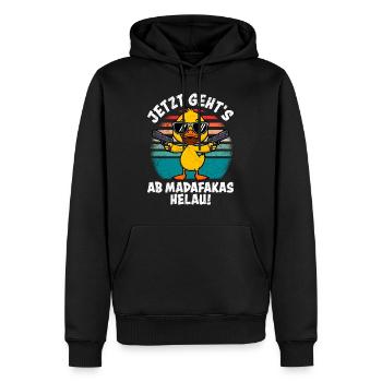 Entenkostüm JETZT GEHT'S AB MADAFAKAS HELAU! - Männer Premium Bio Hoodie - Schwarz - Vorne - Nico (187cm)