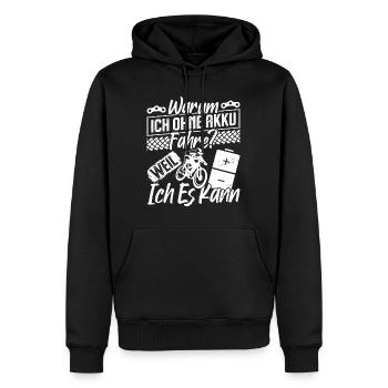 Radfahrer WARUM ICH OHNE AKKU FAHRE? Lustiges - Männer Premium Bio Hoodie - Schwarz - Vorne - Nico (187cm)