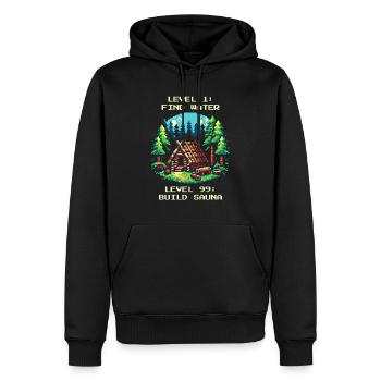 Level 1: Wasser Finden. Level 99: Sauna Bauen. - Männer Premium Bio Hoodie - Schwarz - Vorne - Nico (187cm)