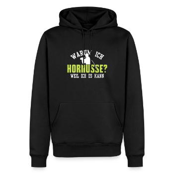 Warum ich Hornusse - Männer Premium Bio Hoodie - Schwarz - Vorne - Nico (187cm)