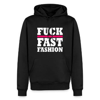 Fuck fast fashion - Herre Premium økologisk hoodie - sort - Foran - Nico (187cm)